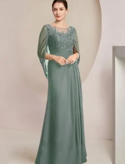 Sheath Dress Mother of the Bride Dress Elegant Jewel Neck Floor Length Chiffon Half Sleeve with Lace Side-Draped Solid Color free custom size