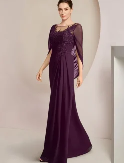 Sheath Dress Mother of the Bride Dress Elegant Jewel Neck Floor Length Chiffon Half Sleeve with Lace Side-Draped Solid Color free custom size