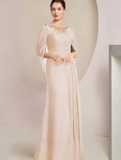 Sheath Dress Mother of the Bride Dress Elegant Jewel Neck Floor Length Chiffon Half Sleeve with Lace Side-Draped Solid Color free custom size