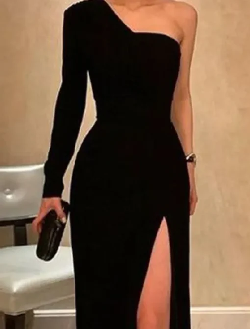 Sheath Evening Gown Elegant Dress Prom Formal Evening Floor Length Long Sleeve One Shoulder Fall Wedding Guest Stretch Fabric with Sleek Slit Pure Color Masquerade Dress