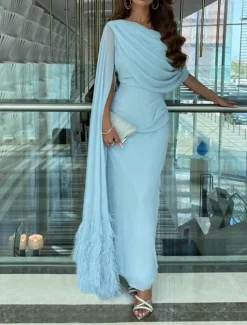 Sheath Evening Gown Elegant Dress Formal Fall Sweep / Brush Train Sleeveless Cowl Neck Chiffon with Feather Ruched Slit