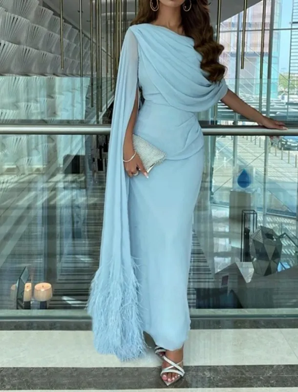 Sheath Evening Gown Elegant Dress Formal Fall Sweep / Brush Train Sleeveless Cowl Neck Chiffon with Feather Ruched Slit