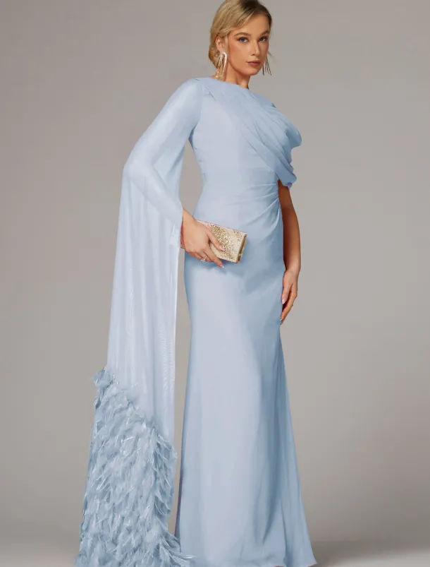 Sheath Evening Gown Elegant Dress Formal Fall Sweep / Brush Train Sleeveless Cowl Neck Chiffon with Feather Ruched Slit