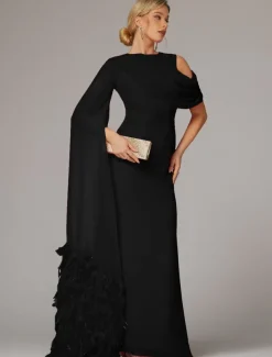 Sheath Evening Gown Elegant Dress Formal Fall Sweep / Brush Train Sleeveless Cowl Neck Chiffon with Feather Ruched Slit