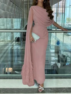 Sheath Evening Gown Elegant Dress Formal Fall Sweep / Brush Train Sleeveless Cowl Neck Chiffon with Feather Ruched Slit