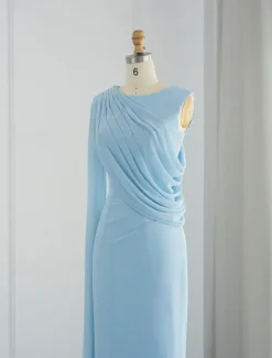 Sheath Evening Gown Elegant Dress Formal Fall Sweep / Brush Train Sleeveless Cowl Neck Chiffon with Feather Ruched Slit