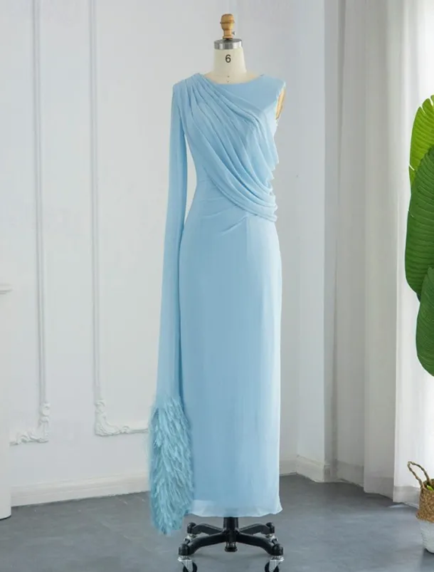 Sheath Evening Gown Elegant Dress Formal Fall Sweep / Brush Train Sleeveless Cowl Neck Chiffon with Feather Ruched Slit