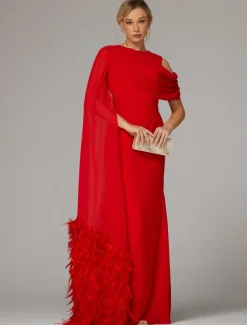 Sheath Evening Gown Elegant Dress Formal Fall Sweep / Brush Train Sleeveless Cowl Neck Chiffon with Feather Ruched Slit