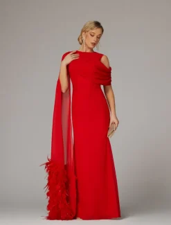 Sheath Evening Gown Elegant Dress Formal Fall Sweep / Brush Train Sleeveless Cowl Neck Chiffon with Feather Ruched Slit