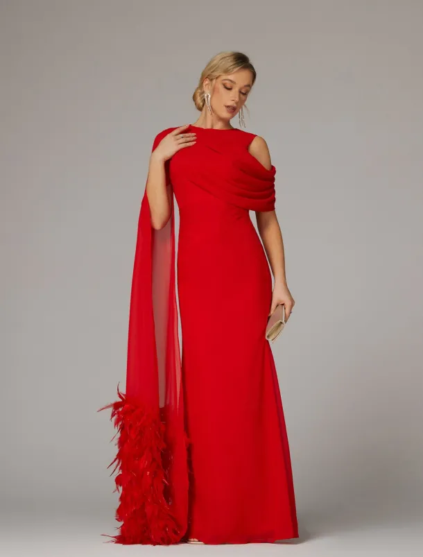 Sheath Evening Gown Elegant Dress Formal Fall Sweep / Brush Train Sleeveless Cowl Neck Chiffon with Feather Ruched Slit