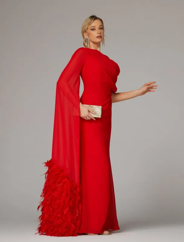 Sheath Evening Gown Elegant Dress Formal Fall Sweep / Brush Train Sleeveless Cowl Neck Chiffon with Feather Ruched Slit