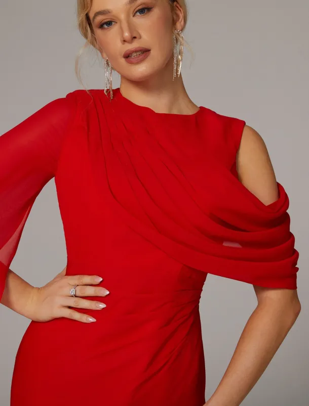 Sheath Evening Gown Elegant Dress Formal Fall Sweep / Brush Train Sleeveless Cowl Neck Chiffon with Feather Ruched Slit