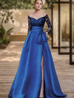 Sheath Evening Gown High Split Dress Formal Wedding Guest Sweep / Brush Train 3/4 Length Sleeve Off Shoulder Charmeuse with Bow(s) Sequin Slit