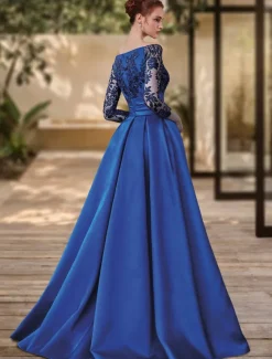 Sheath Evening Gown High Split Dress Formal Wedding Guest Sweep / Brush Train 3/4 Length Sleeve Off Shoulder Charmeuse with Bow(s) Sequin Slit
