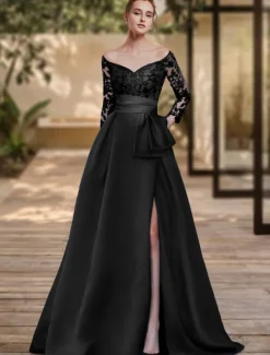 Sheath Evening Gown High Split Dress Formal Wedding Guest Sweep / Brush Train 3/4 Length Sleeve Off Shoulder Charmeuse with Bow(s) Sequin Slit