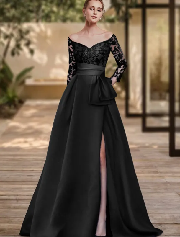 Sheath Evening Gown High Split Dress Formal Wedding Guest Sweep / Brush Train 3/4 Length Sleeve Off Shoulder Charmeuse with Bow(s) Sequin Slit