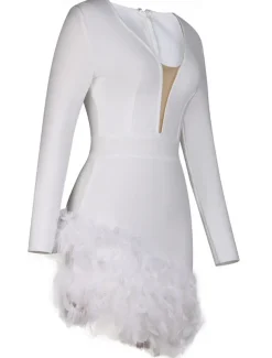 Sheath Homecoming Dresses Elegant Dress Holiday Homecoming Short / Mini Long Sleeve V Neck Polyester with Feather dress to impress