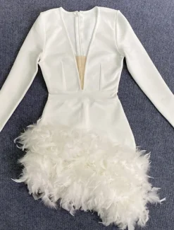 Sheath Homecoming Dresses Elegant Dress Holiday Homecoming Short / Mini Long Sleeve V Neck Polyester with Feather dress to impress