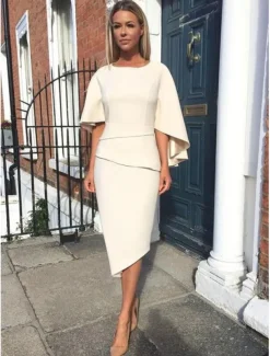 Sheath Mother of the Bride Dress Wedding Guest Elegant Simple Plus Size Jewel Neck Asymmetrical Knee Length Charmeuse Half Sleeve with Tier free custom size