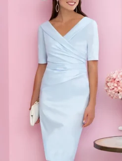 Sheath Mother of the Bride Dress Wedding Guest Elegant V Neck Knee Length Satin Short Sleeve with Ruching Race Day Dress free custom size