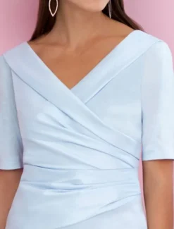 Sheath Mother of the Bride Dress Wedding Guest Elegant V Neck Knee Length Satin Short Sleeve with Ruching Race Day Dress free custom size