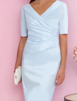 Sheath Mother of the Bride Dress Wedding Guest Elegant V Neck Knee Length Satin Short Sleeve with Ruching Race Day Dress free custom size