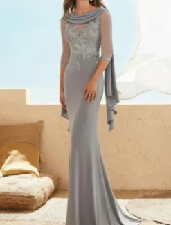 Sheath Mother of the Bride Dress Wedding Guest Elegant Plus Size Jewel Neck Floor Length Chiffon Lace Half Sleeve with Appliques Ruching free custom size