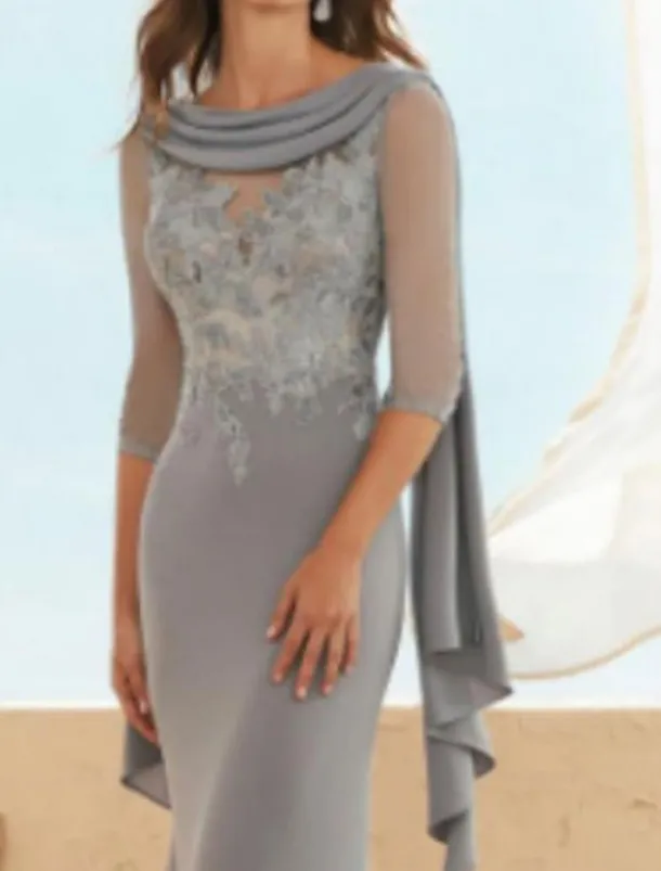 Sheath Mother of the Bride Dress Wedding Guest Elegant Plus Size Jewel Neck Floor Length Chiffon Lace Half Sleeve with Appliques Ruching free custom size