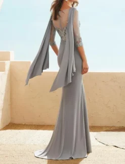 Sheath Mother of the Bride Dress Wedding Guest Elegant Plus Size Jewel Neck Floor Length Chiffon Lace Half Sleeve with Appliques Ruching free custom size