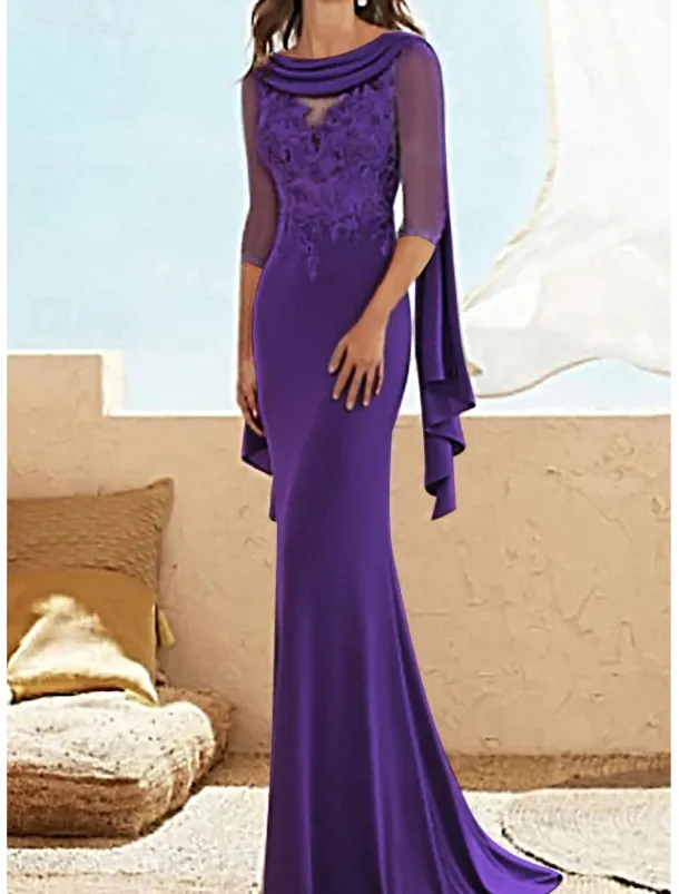 Sheath Mother of the Bride Dress Wedding Guest Elegant Plus Size Jewel Neck Floor Length Chiffon Lace Half Sleeve with Appliques Ruching free custom size