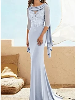 Sheath Mother of the Bride Dress Wedding Guest Elegant Plus Size Jewel Neck Floor Length Chiffon Lace Half Sleeve with Appliques Ruching free custom size