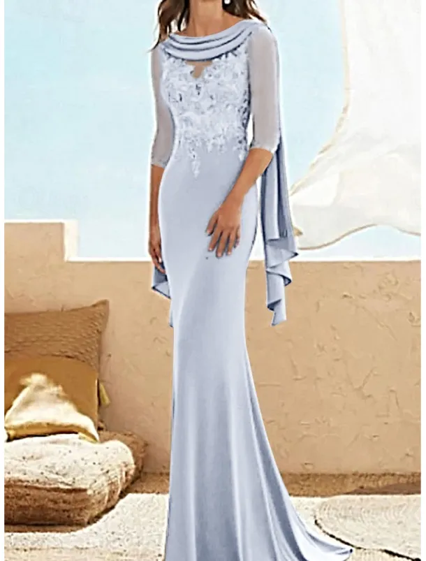 Sheath Mother of the Bride Dress Wedding Guest Elegant Plus Size Jewel Neck Floor Length Chiffon Lace Half Sleeve with Appliques Ruching free custom size