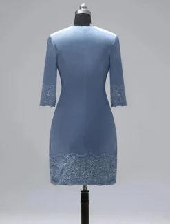 Sheath Mother of the Bride Dress Two Piece Wedding Guest Vintage Plus Size Jewel Neck Knee Length Satin Lace 3/4 Length Sleeve Jacket Dresses With Appliques