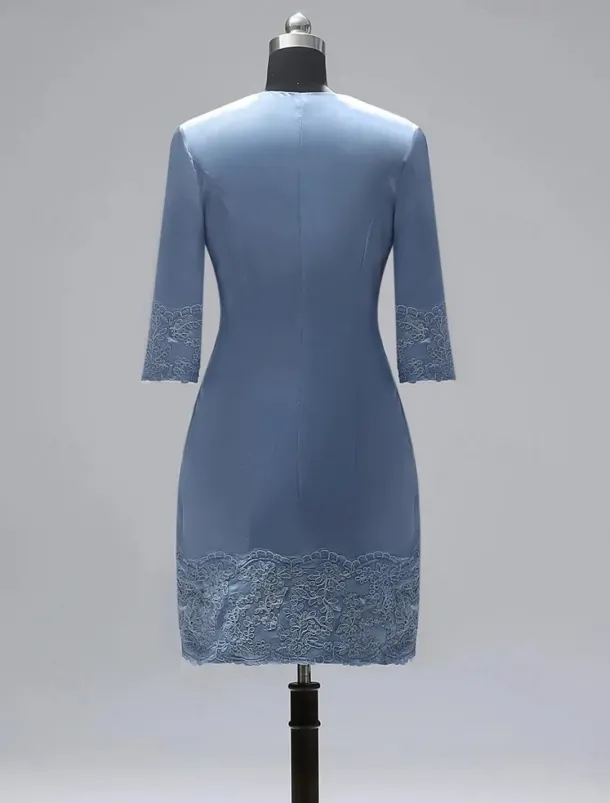Sheath Mother of the Bride Dress Two Piece Wedding Guest Vintage Plus Size Jewel Neck Knee Length Satin Lace 3/4 Length Sleeve Jacket Dresses With Appliques