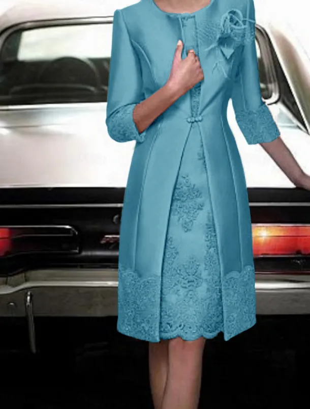 Sheath Mother of the Bride Dress Two Piece Wedding Guest Vintage Plus Size Jewel Neck Knee Length Satin Lace 3/4 Length Sleeve Jacket Dresses With Appliques