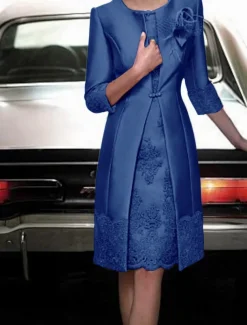Sheath Mother of the Bride Dress Two Piece Wedding Guest Vintage Plus Size Jewel Neck Knee Length Satin Lace 3/4 Length Sleeve Jacket Dresses With Appliques