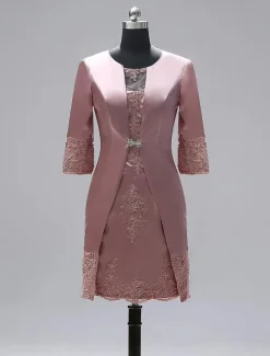 Sheath Mother of the Bride Dress Two Piece Wedding Guest Vintage Plus Size Jewel Neck Knee Length Satin Lace 3/4 Length Sleeve Jacket Dresses With Appliques