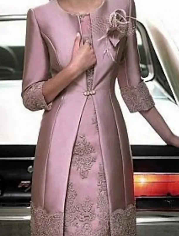 Sheath Mother of the Bride Dress Two Piece Wedding Guest Vintage Plus Size Jewel Neck Knee Length Satin Lace 3/4 Length Sleeve Jacket Dresses With Appliques