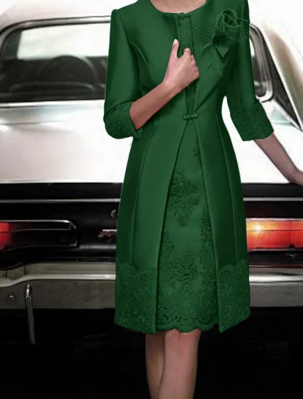 Sheath Mother of the Bride Dress Two Piece Wedding Guest Vintage Plus Size Jewel Neck Knee Length Satin Lace 3/4 Length Sleeve Jacket Dresses With Appliques