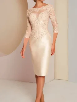 Sheath Mother of the Bride Dress Wedding Guest Elegant Jewel Neck Knee Length Charmeuse 3/4 Length Sleeve with Appliques Race Day Dress free custom size