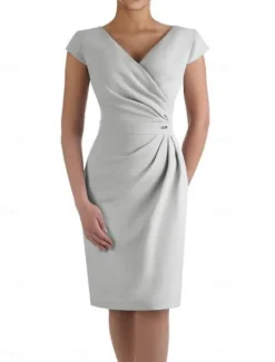 Sheath Mother of the Bride Dress Wedding Guest Elegant V Neck Knee Length Stretch Fabric Short Sleeve with Ruched free custom size