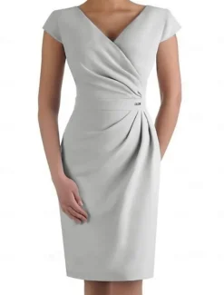 Sheath Mother of the Bride Dress Wedding Guest Elegant V Neck Knee Length Stretch Fabric Short Sleeve with Ruched free custom size
