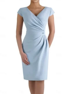 Sheath Mother of the Bride Dress Wedding Guest Elegant V Neck Knee Length Stretch Fabric Short Sleeve with Ruched free custom size