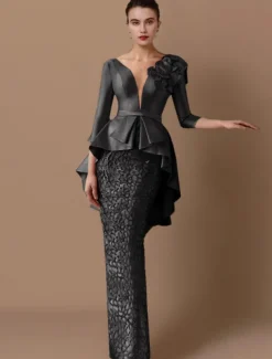 Sheath Mother of the Bride Dress Wedding Guest Elegant Party V Neck Floor Length Satin Lace 3/4 Length Sleeve with Appliques Cascading Ruffles Flower free custom size