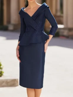 Sheath Mother of the Bride Dress Tuxedo Dress Formal Wedding Guest Elegant Vintage V Neck Tea Length Satin 3/4 Length Sleeve with Appliques Race Day Dress free custom size