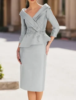 Sheath Mother of the Bride Dress Tuxedo Dress Formal Wedding Guest Elegant Vintage V Neck Tea Length Satin 3/4 Length Sleeve with Appliques Race Day Dress free custom size