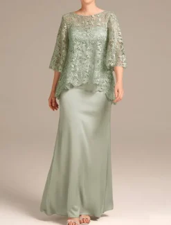 Sheath Mother of the Bride Dress Wedding Guest Elegant Jewel Neck Floor Length Satin Lace Half Sleeve with Embroidery free custom size