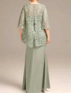 Sheath Mother of the Bride Dress Wedding Guest Elegant Jewel Neck Floor Length Satin Lace Half Sleeve with Embroidery free custom size