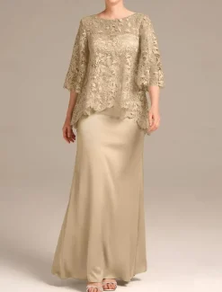 Sheath Mother of the Bride Dress Wedding Guest Elegant Jewel Neck Floor Length Satin Lace Half Sleeve with Embroidery free custom size