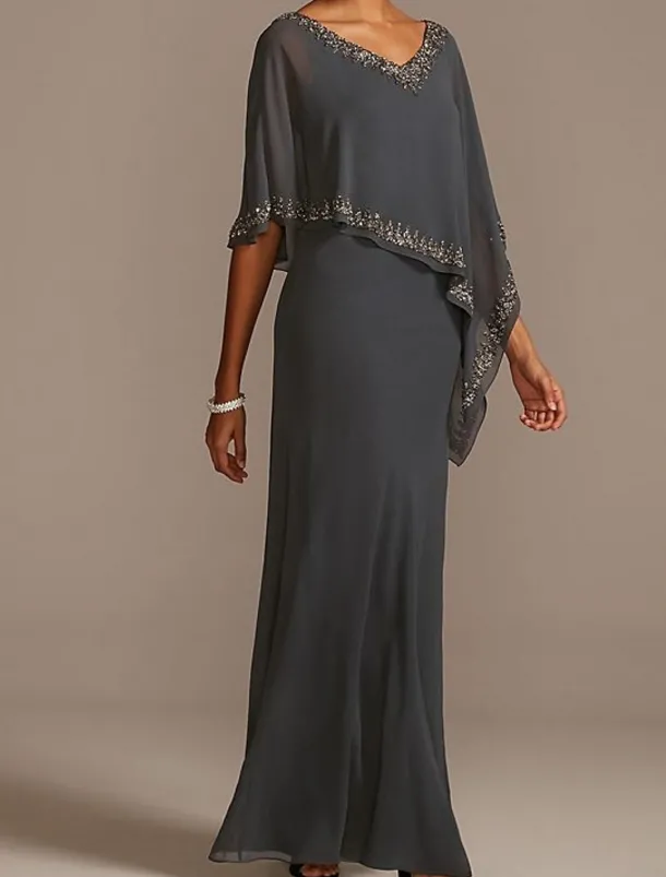 Sheath Mother of the Bride Dress Wedding Guest Elegant V Neck Floor Length Chiffon Half Sleeve with Beading free custom size